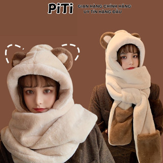 Mũ len lông cừu trùm đầu PITI phong cách hàn quốc nón len nữ kèm khăn quàng cổ và găng tay giữ ấm mùa đông dễ thương