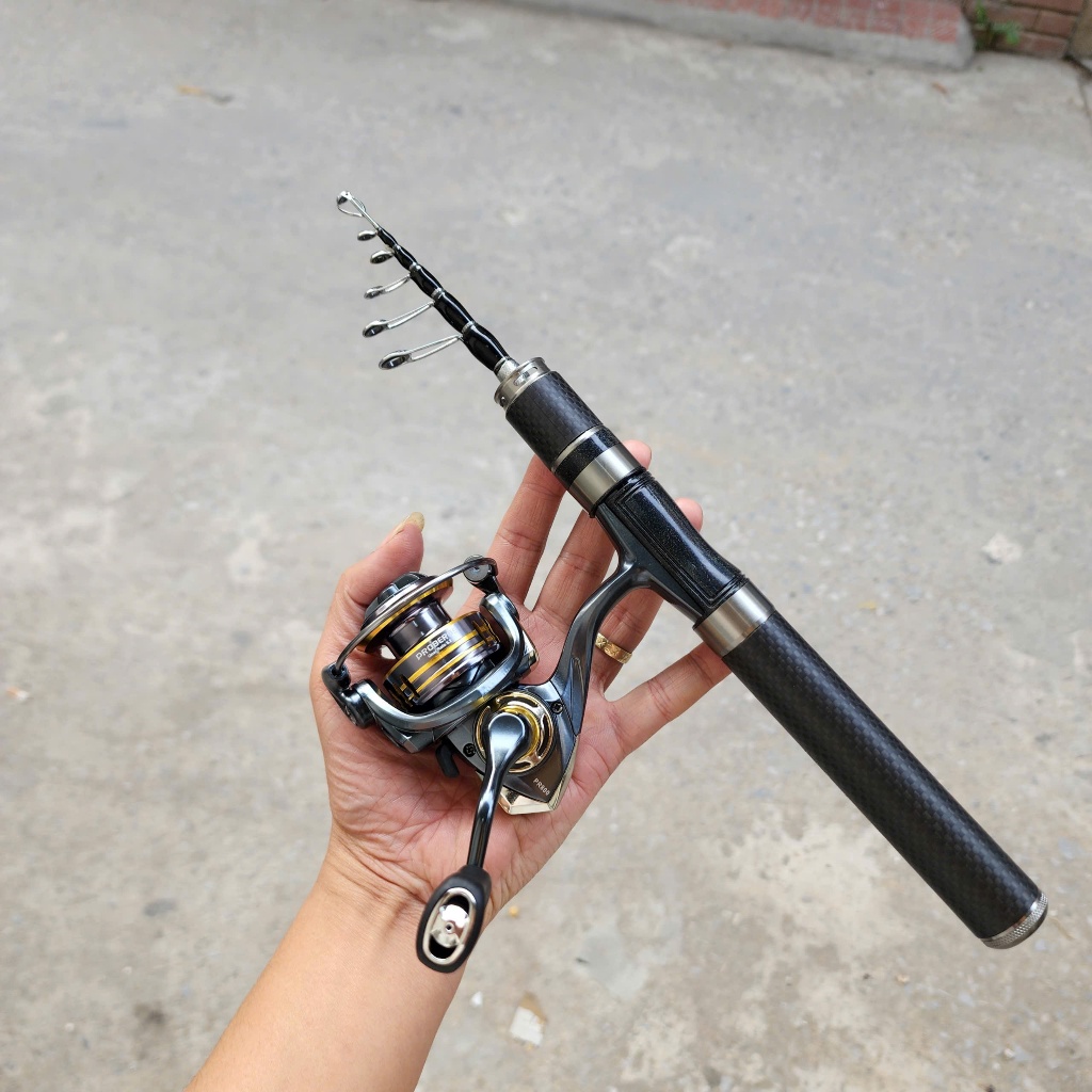 Bộ Cần Lure Rút mini Black V3 Đứng kèm Máy Pr800 thu gọn 27cm cao cấp - Bộ cần lure nhét cốp cao cấp