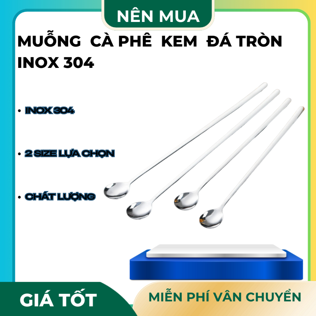 ( đá tròn ) Muỗng Cà Phê, Ăn Chè, Sinh Tố Bản Tròn Inox 304 Cao Cấp có 2 kích thước – Sang Trọng