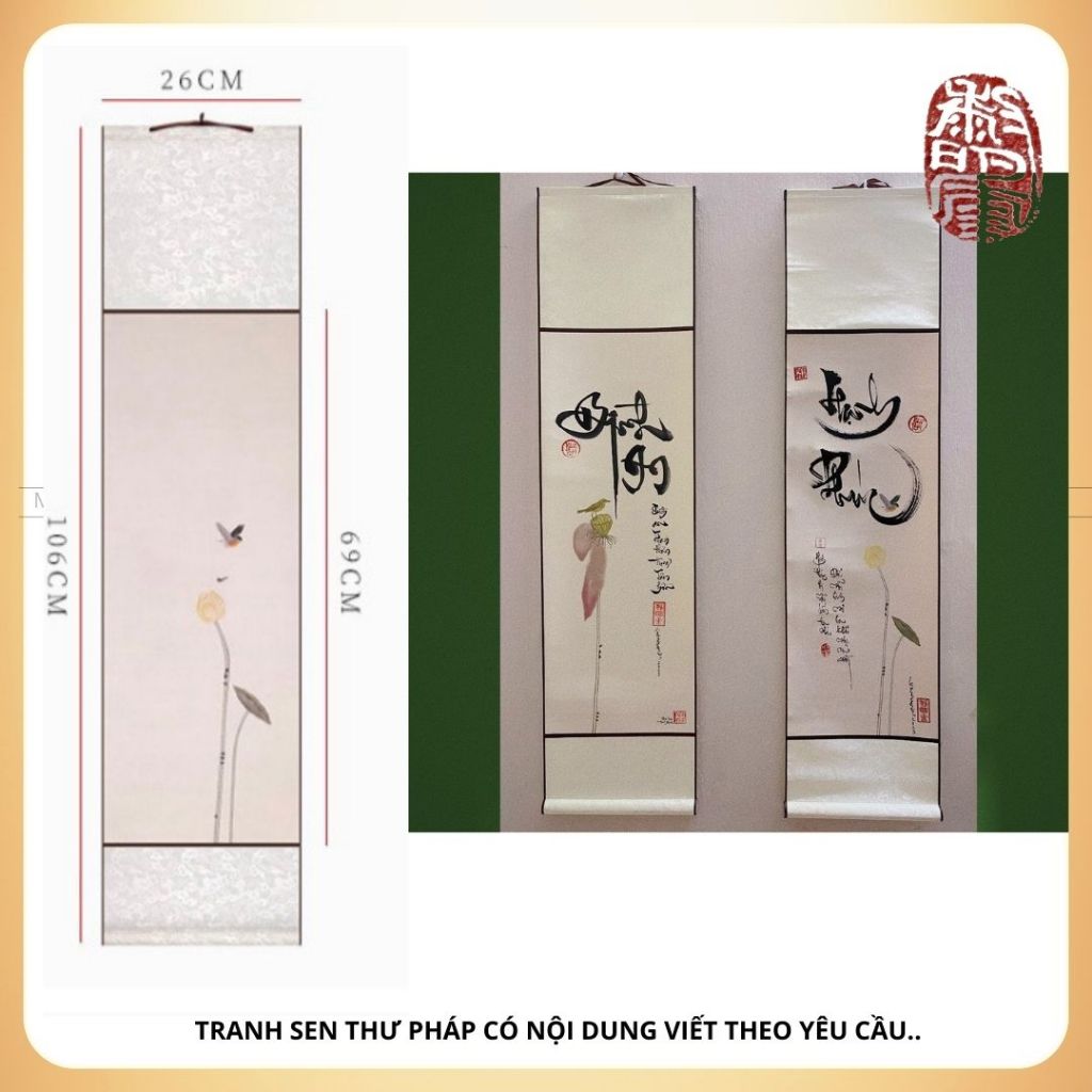 Ngũ phúc Sen -  Tranh Sen thư pháp viết theo yêu cầu