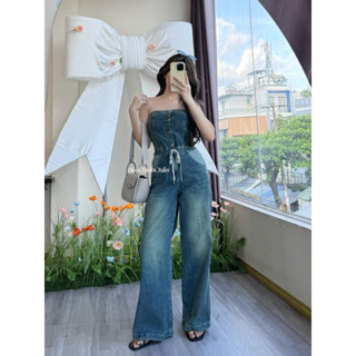  HÈO | Jumpsuit Jean Quây Ống Suông Rút Dây 