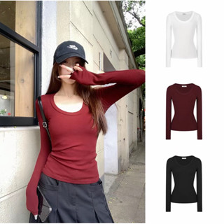 Áo Thun Nữ Dài Tay Cổ Tròn, Bên Trong Thông Thường, Thích Hợp Cho Nữ, Dáng Ôm, Màu Trơn Đơn Giản, Thun Gân #62304