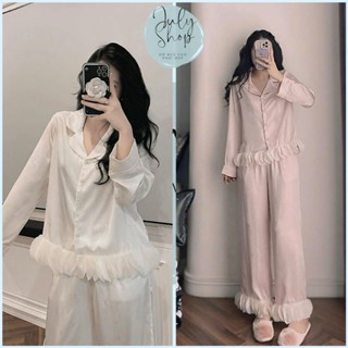 Đồ Ngủ Nữ, Đồ Bộ Tiểu Thư JULY Pijama Viền Lá Tròn Đáng Yêu Chất Lụa Latin Mềm Mịn Freesize <65kg