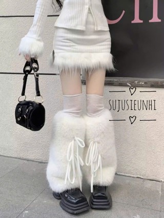 Tất vớ ống bắp chân giả lông thú gắn dây nơ ngọt ngào phong cách Y2K ấm áp cho mùa đông
