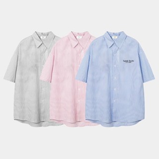 Áo Sơ Mi Ngắn Tay Kẻ Sọc Teelab Local Brand Kiểu Dáng Unisex Form Oversize 3 Màu Xanh, Hồng, Xám
