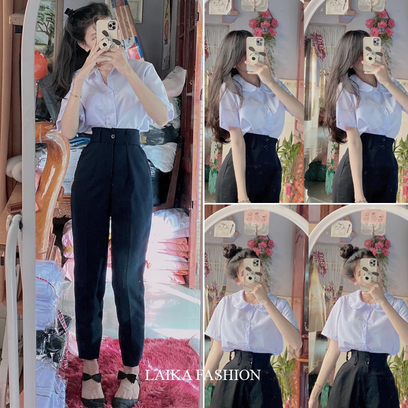 Quần tây đi học nữ 1 nút 2 khuy lưng cao ống đứng suông dài màu Đen Xanh Đen dáng quần baggy nữ học 