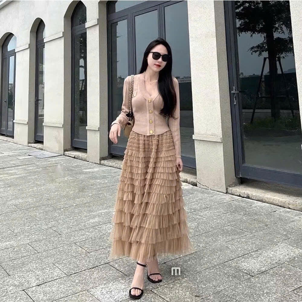 Chân váy tầng dáng dài xòe rộng dễ phối đồ dài váy 95 cm