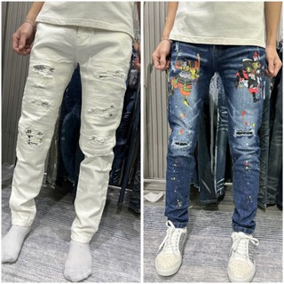 Quần jean nam DSQ SAMURAI-Quần jean AMIRI vá da trắng Hàng Thời Trang Nam HOT TREND 2025