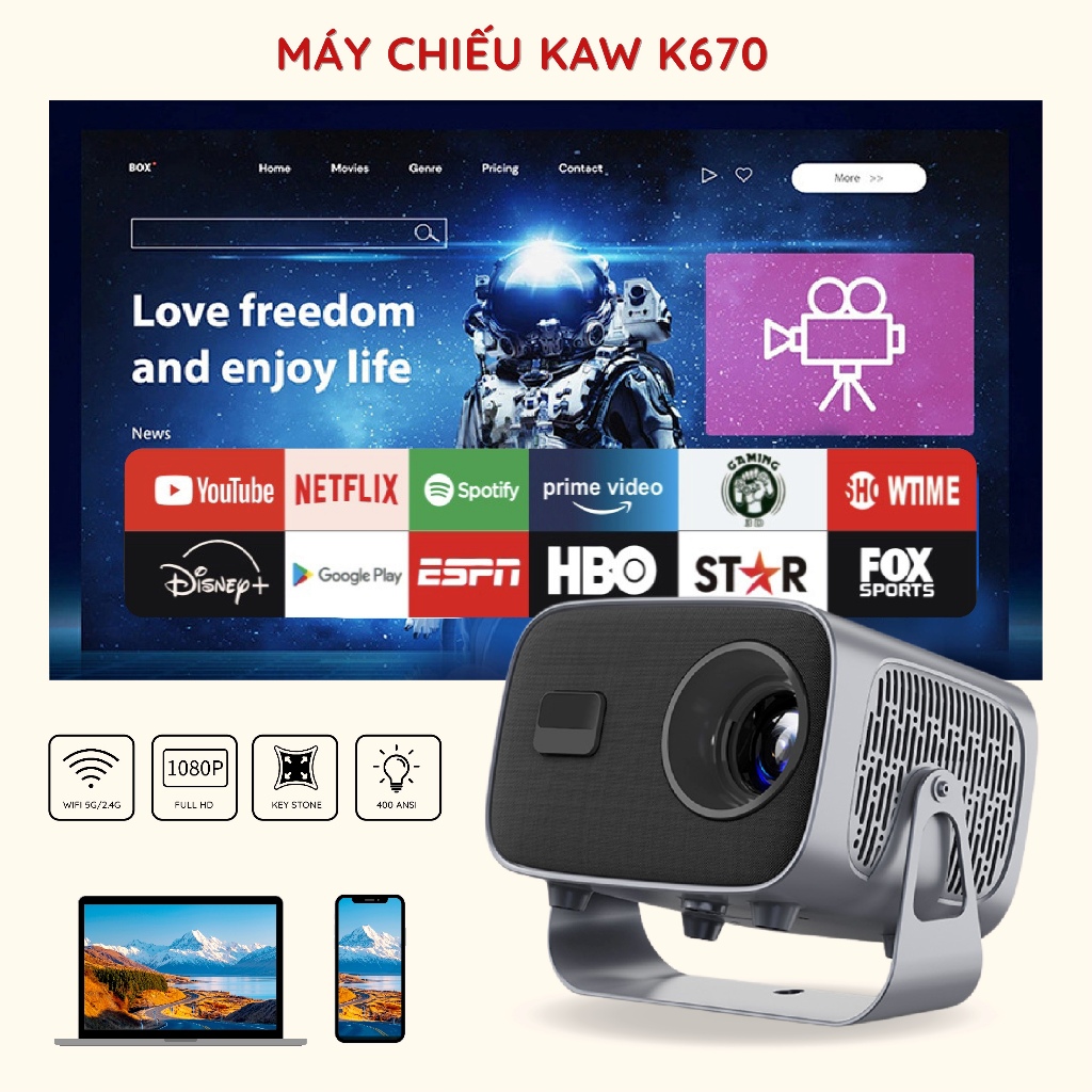Máy chiếu mini KAW-K670 Plus Full HD 1080p, Hệ điều hành Android/IOS, HDMI, Bảo Hành 12 Tháng