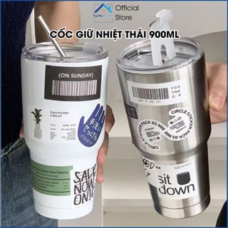 Cốc giữ nhiệt Thái Lan 900ml chống tràn inox 304 cao cấp kèm ống hút tiện lợi, Ly giữ nhiệt giấy dán sticker ngẫu nhiên