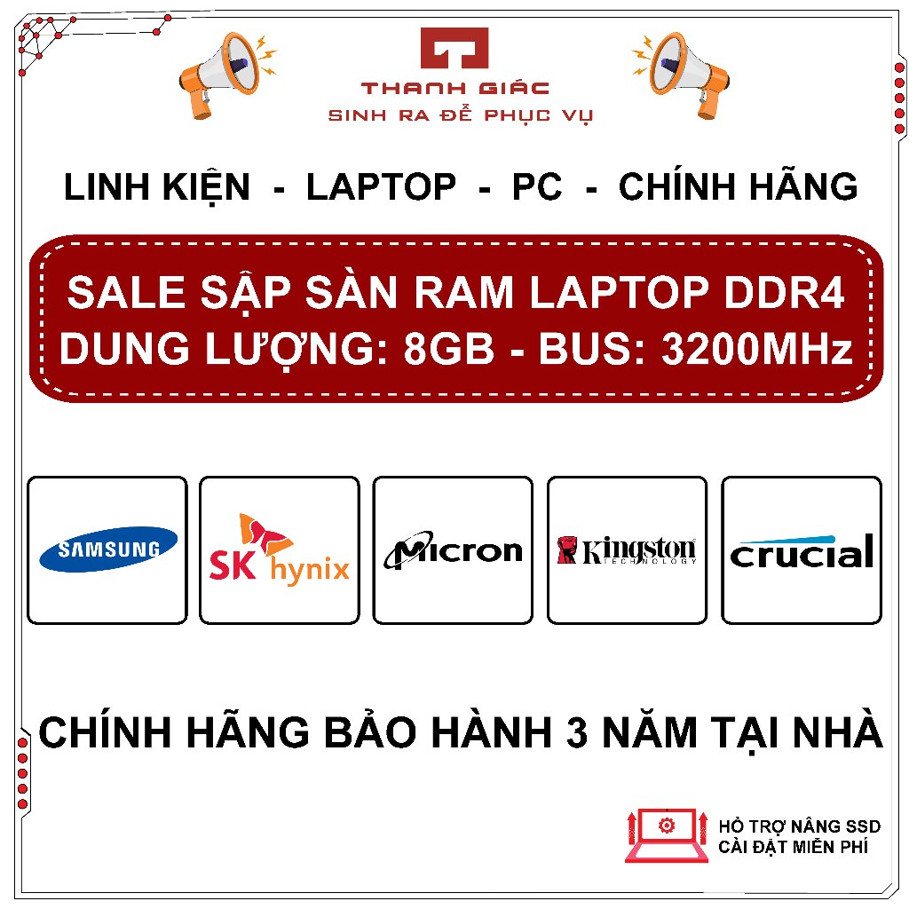 RAM Laptop DDR4 8GB Bus 3200/ Samsung/ SK Hynix/ Micron/ Crucial/ Kingston - Bảo Hành 3 Năm