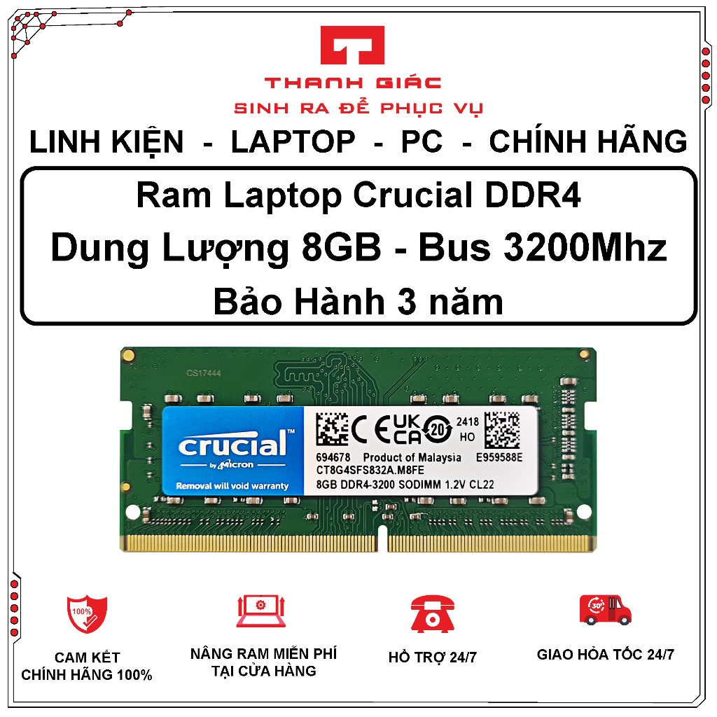 RAM Laptop DDR4 8GB Bus 3200/ Samsung/ SK Hynix/ Micron/ Crucial/ Kingston - Bảo Hành 3 Năm | BigBuy360 - bigbuy360.vn