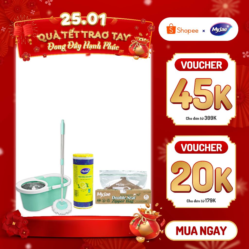 Combo Bộ Lau Nhà MyJae Sợi Microfiber Xoay 360 kèm túi rác hương lavender kèm túi zip size XL thân t