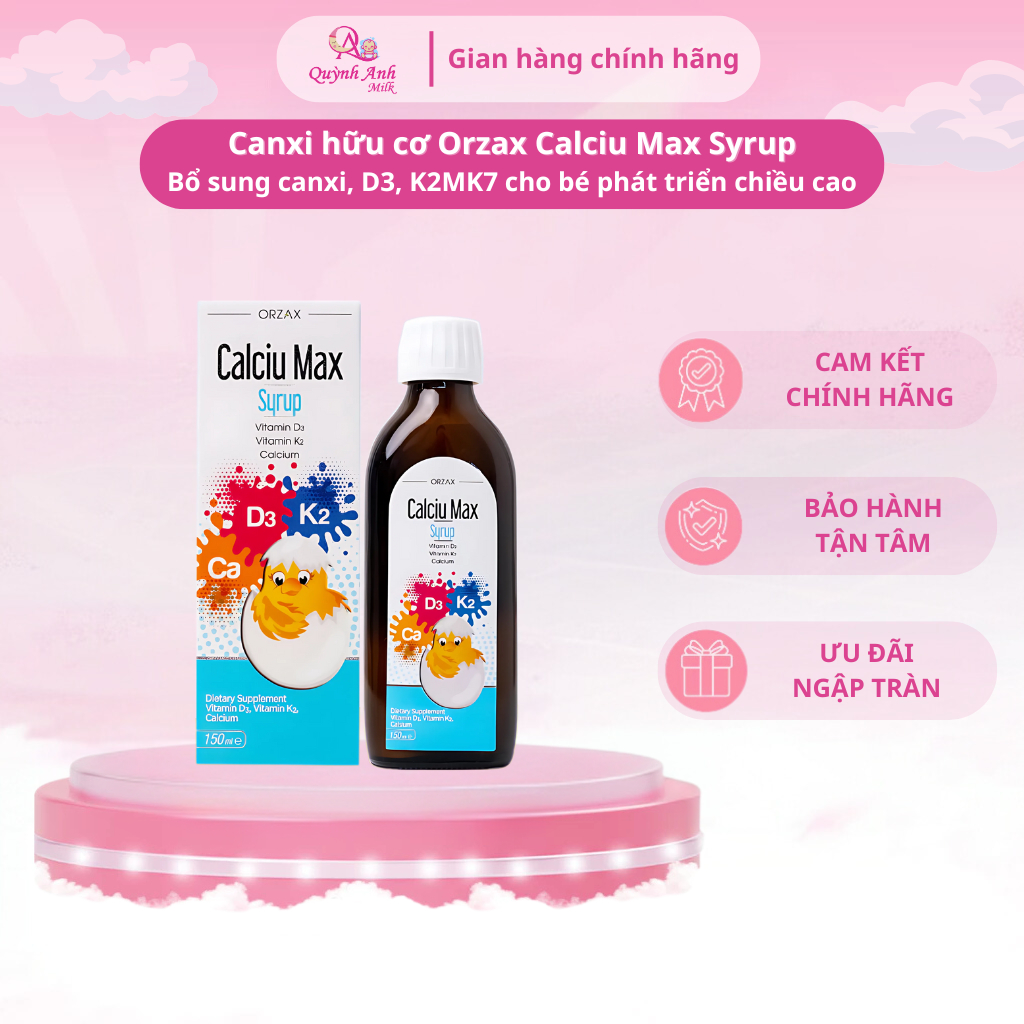 Canxi hữu cơ Orzax Calciu Max Syrup - Bổ sung canxi, D3, K2MK7 cho bé phát triển chiều cao, xương ră