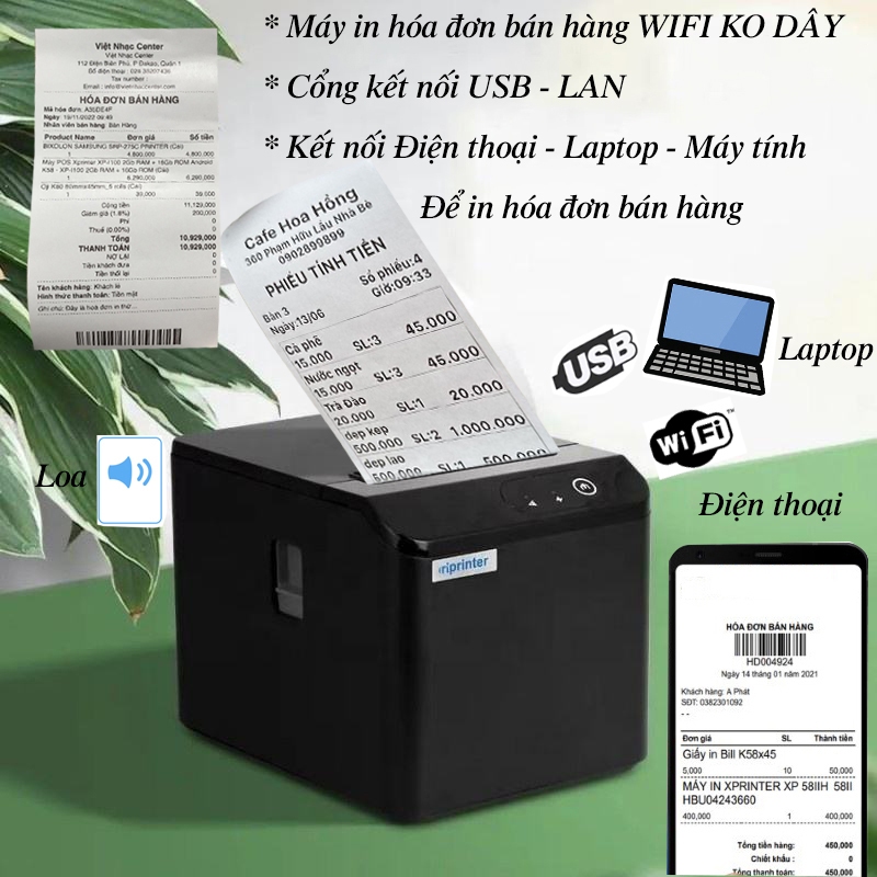 Máy in hóa đơn bán hàng khổ giấy k80mm T80Q WIFI KO DÂY USB + LAN kết nối app kiotviet sapo loyverse