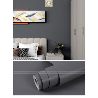 Giấy dán tường màu xám đậm nhám sẵn keo dài 10m, chống thấm nước,dễ lau chùi trang trí phòng ngủ JEN