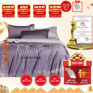 Trọn Bộ Chăn Ga Gối Phi Lụa Phối  Lavish Silk Cao Cấp Mát Lạnh Hàng Loại 1 - Tím Khoai Môn Mix Bac Kim