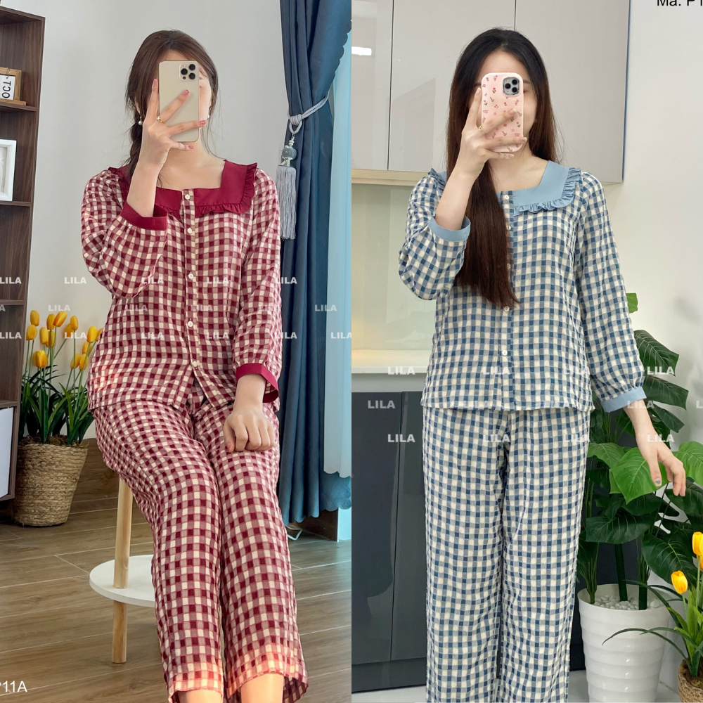 Đồ bộ pijama nhà Lila dài tay áo quần có túi kẻ caro cao cấp mềm mịn, mát khi mặc