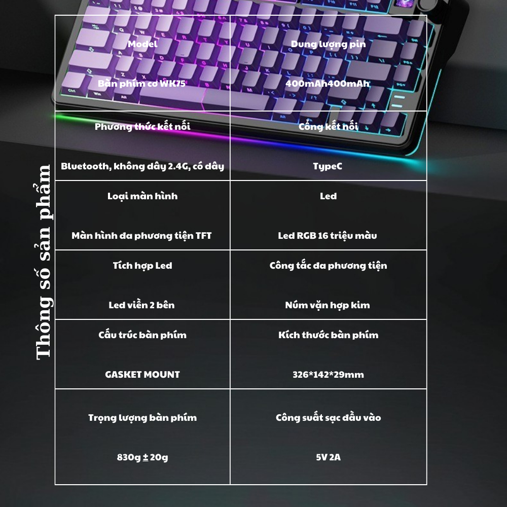 Bàn phím cơ không dây Weika WK75 - 3 mode kết nối - Led RGB - Màn hình TFT - Hỗ trợ app chỉnh led - Hotswap 5 pin | BigBuy360 - bigbuy360.vn