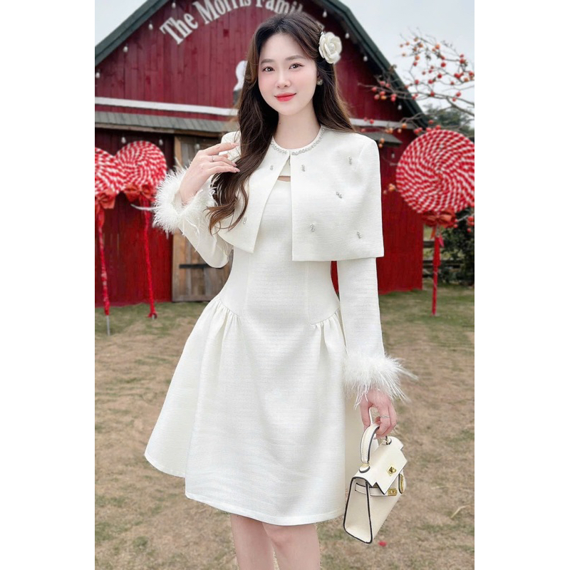 s653 Set váy thiết kế 2 chi tiết gồm áo choàng đính đá sang chảnh và váy dạ phối lông vũ tiểu thư, s