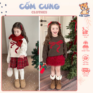 Áo Len Nơ Cho Bé Gái Cổ Tròn Lông Thỏ Cao Cấp Dày Dặn, Áo Len Trẻ Em Dễ Thương Ấm Áp