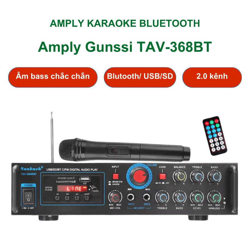 Amply Gunssi TAV-368BT-bộ khuyếch đại công suất âm thanh nổi-micro không dây-tích hợp bluetooth 5.0