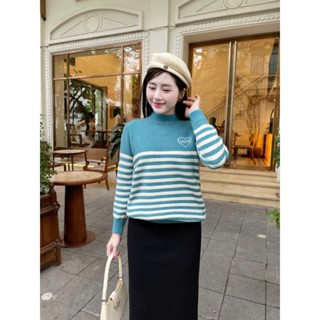 Áo len nữ Evalover mã 806,phối kẻ ngang chữ Miu, chất len lông thỏ mềm mịn