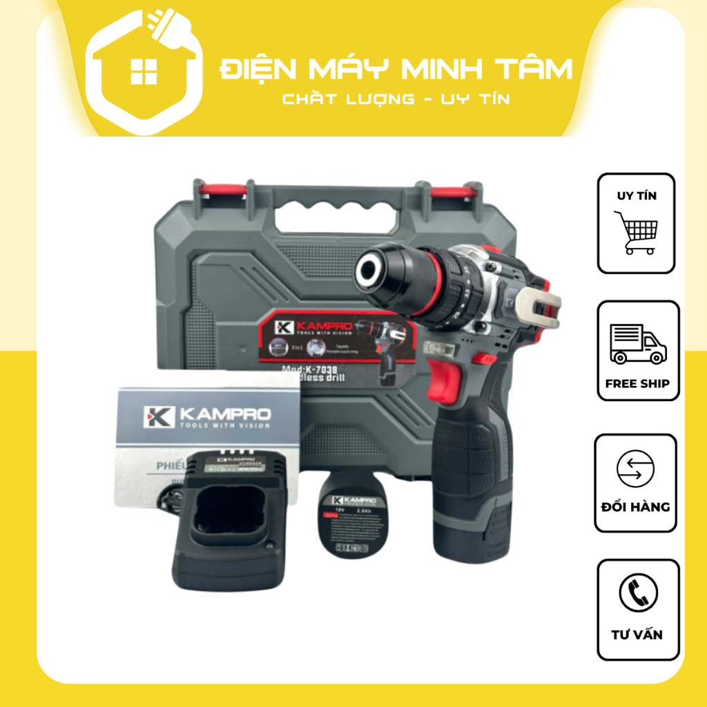Máy Khoan Pin Kampro K-7038, 3 Chức Năng, Đầu Kẹp 10ly Autolock, Động Cơ Không Chổi Than