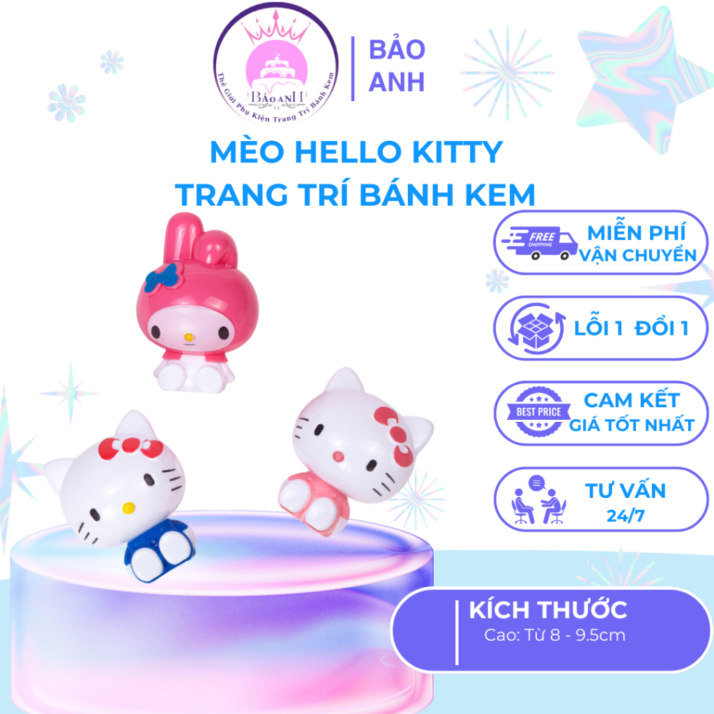 SET 3 mèo Hello Kitty trang trí bánh kem, mèo hello kitty trang trí sinh nhật