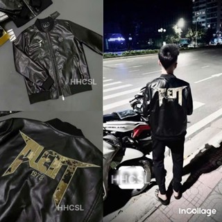 Áo khoác da bomber  nam Philipp Plein da Pu bóng thêu logo da tag sắt khoá zip 2025