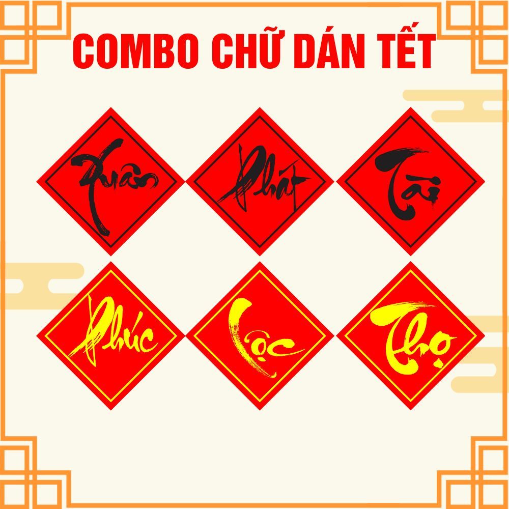 Combo 5 Tem Chữ Dán Tết 2025 Trang Trí Giỏ Qùa, Bánh Trưng, Dưa Hấu...