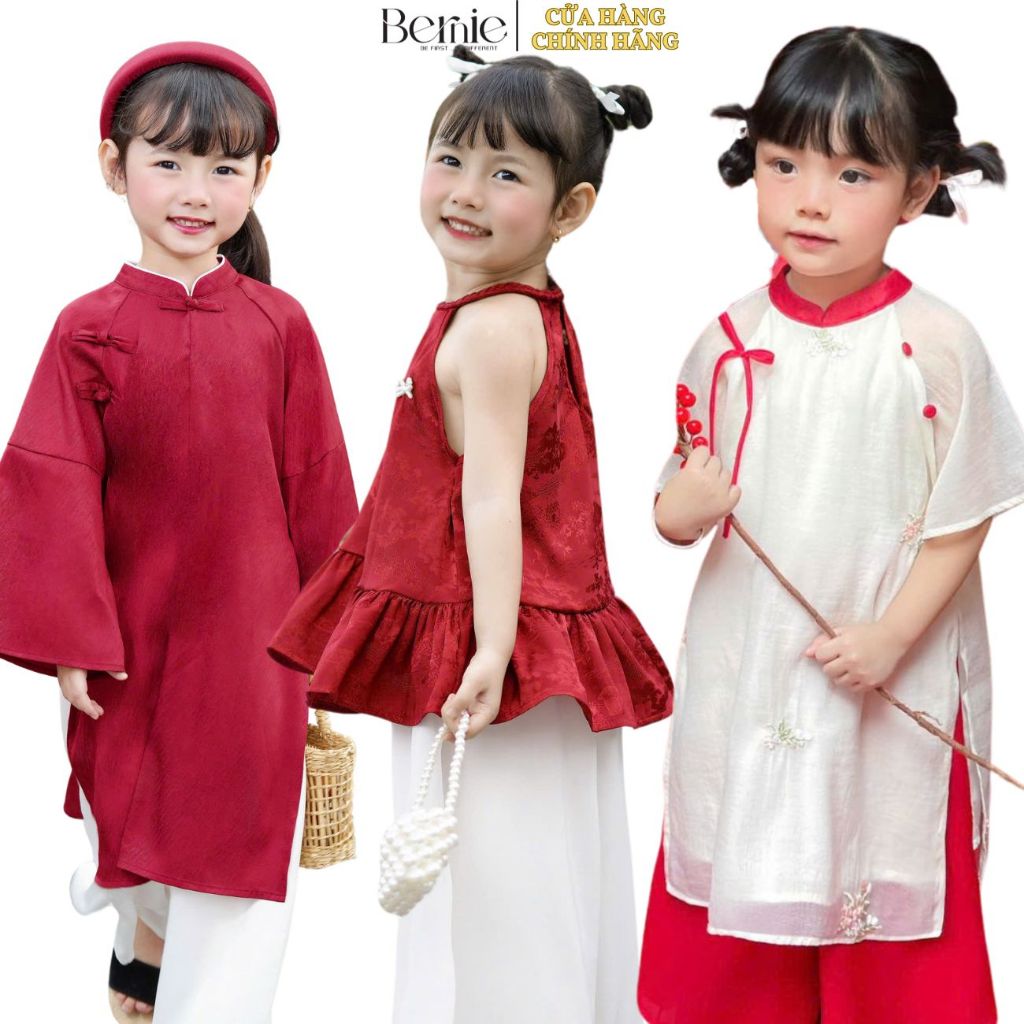 Set áo dài tết cho bé trai bé gái nhiều họa tiết kèm quần mặc du xuân BERNIE cho bé từ 1 đến 7 tuổi