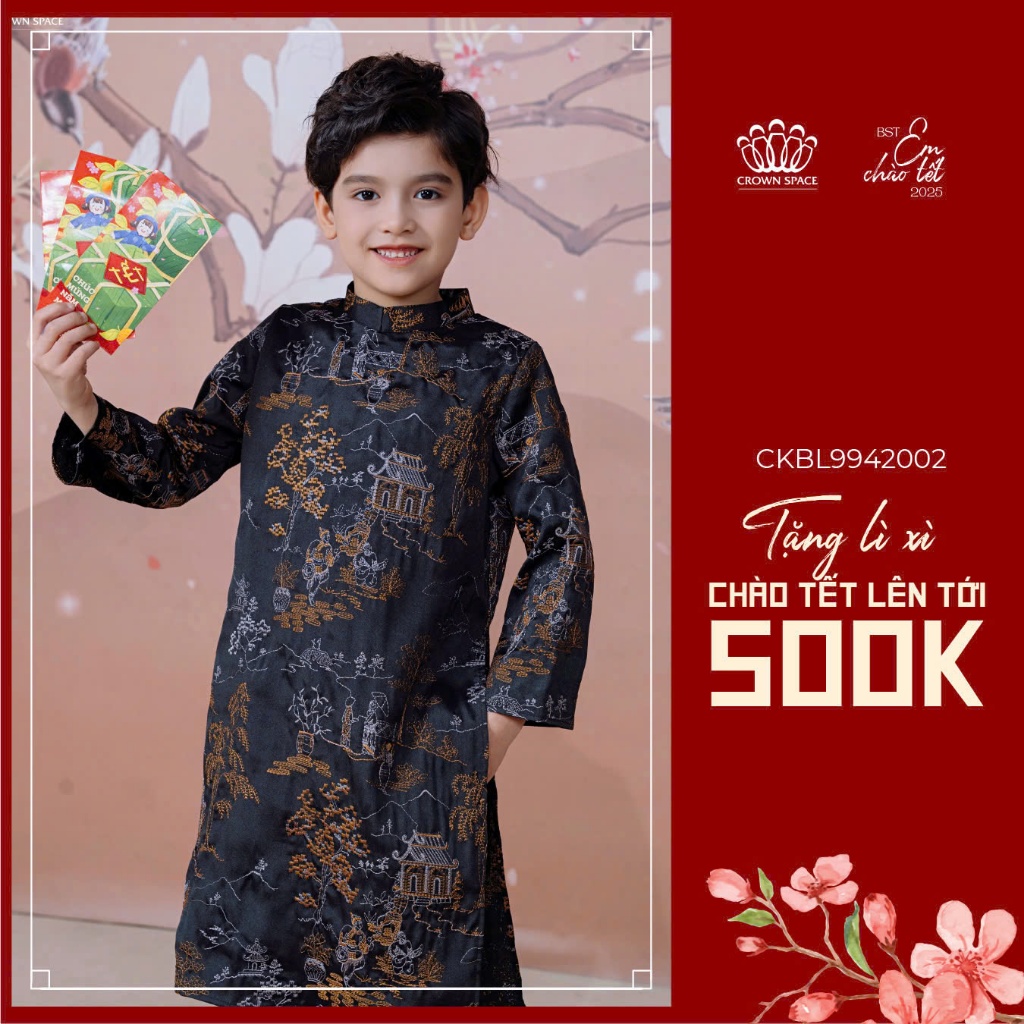 Áo Dài Cho Bé Trai Gấm Hoa Thêu Tinh Xảo, Dáng Suông Thoải Mái Tết 2025 Crown Space CKBL9942002