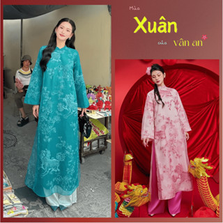 Áo Dài Cách Tân Hồng Sư Dáng Suông Tay Dài - Chất Liệu Tơ Thêu Họa Tiết Kì Lân Sang Trọng, Cover Xéo Xọ - Áo Dài Xuân An