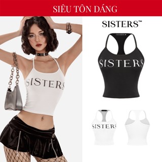 Áo ba lỗ nữ cổ tròn dáng croptop SISTERS màu đen, trắng hoạ tiết in chữ thun borip ôm sát Callia SIS-CLUB | SS24-T9