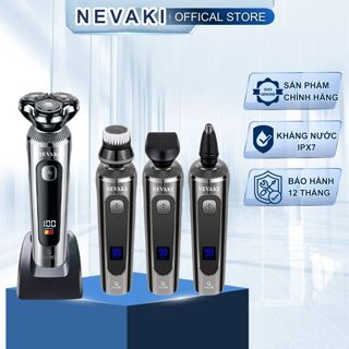 Máy cạo râu đa năng 4 trong 1 NEVAKI 3 lưỡi kép tự mài sắc, cạo sát sạch êm, chống nước IPX7, màn hình LCD