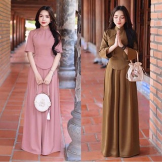 [Hàng loại 1] Set bộ pháp phục nữ thời trang áo cổ tàu đính nút bọc quần dài ống rộng chất vải tuyết nhung,