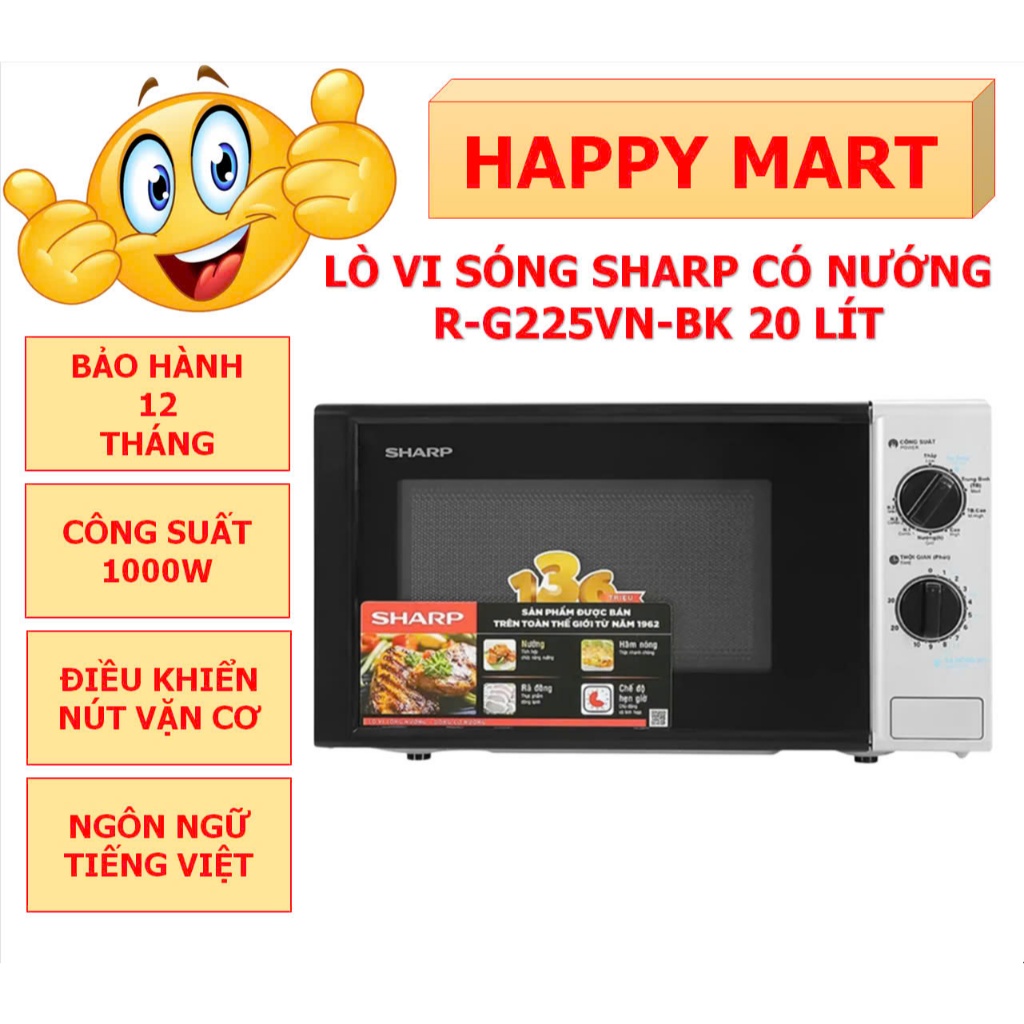 Lò vi sóng Sharp R-G225VN-BK 20 lít, có nướng, công suất 1000W, chính hãng, bảo hành 12 tháng toàn q