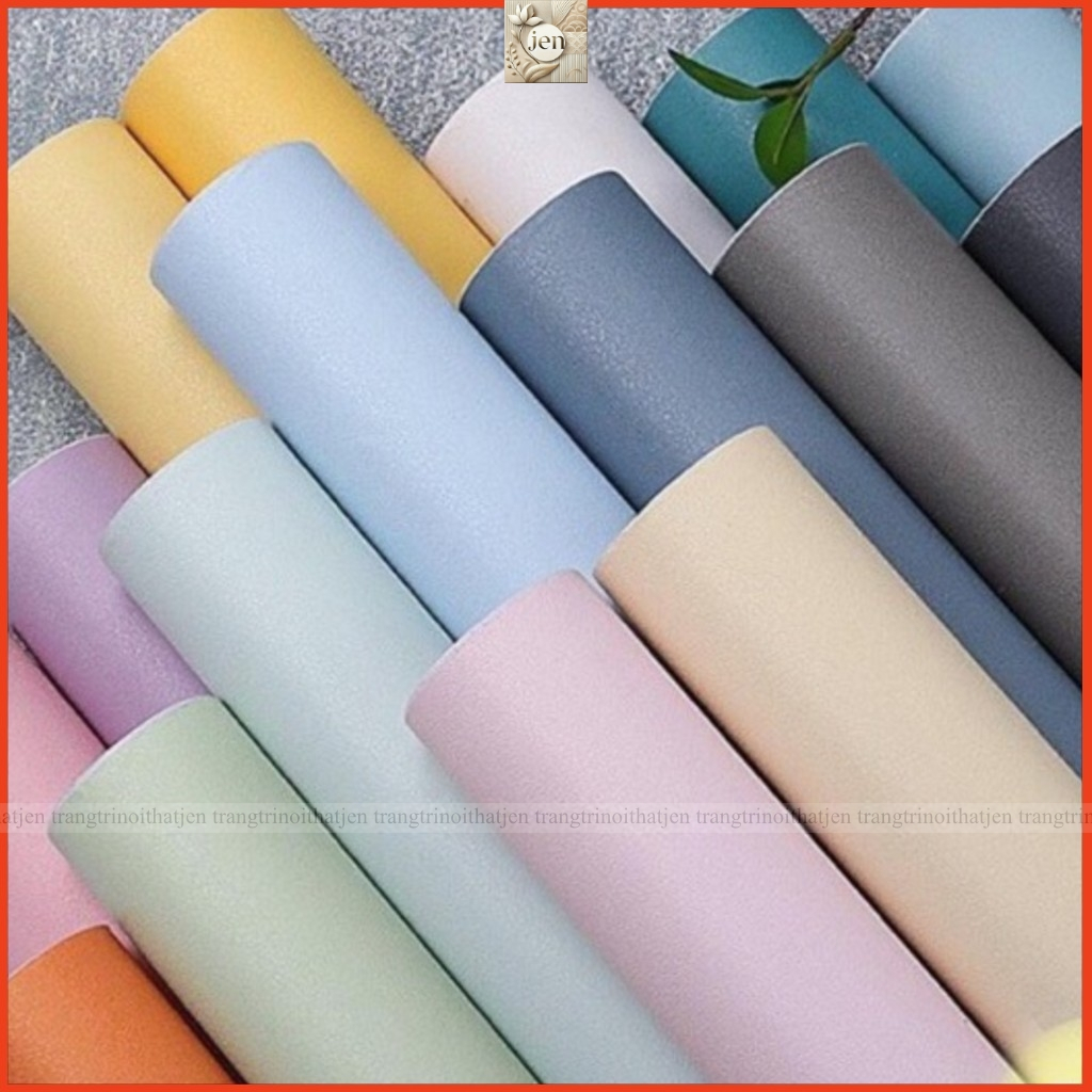 Giấy dán tường phòng ngủ màu trơn nhám dài 10M x 45cm có keo sẵn bóc dán, bề mặt chống thấm nước JEN