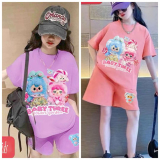 COMBO 2 BỘ quần áo cộc tay cho bé gái in hình BABY THREE chất cotton su 14 _ 40 kg
