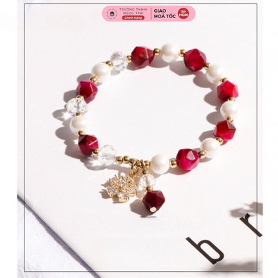 Vòng Tay Ngọc Trai Hạt 8ly Mix Đá Giác Hồng Đỏ Trẻ Trung - Ngọc Trai Trường Thịnh