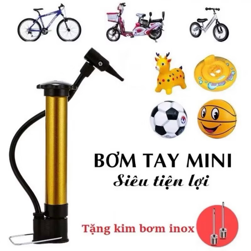 Bơm mini cầm tay đa năng, bơm tay xe đạp bóng hơi bóng rổ nhỏ gọn tiện lợi (Tặng kim bơm)