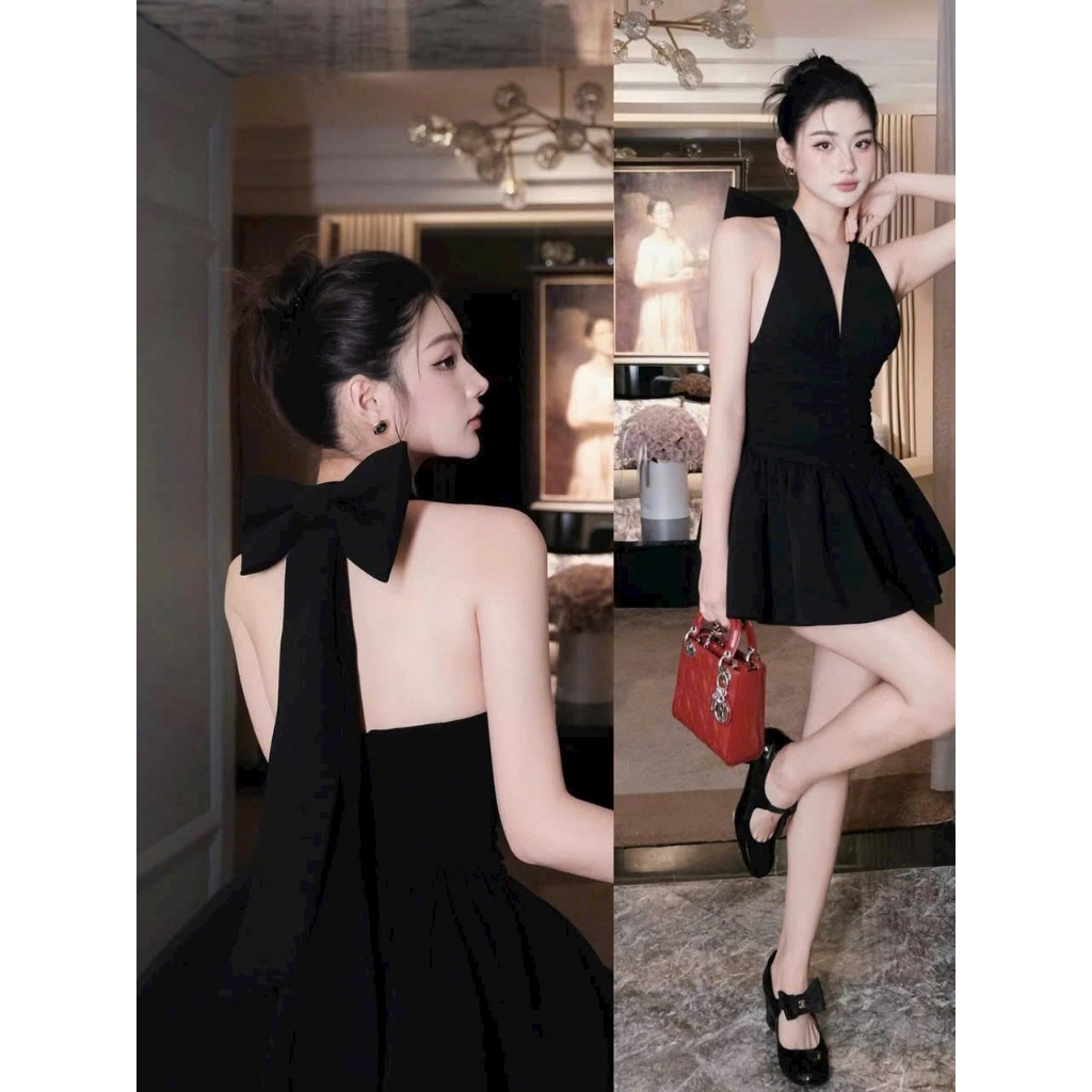 LORIS - Brenna Dress, đầm đen cổ yếm cột dây dáng ngắn