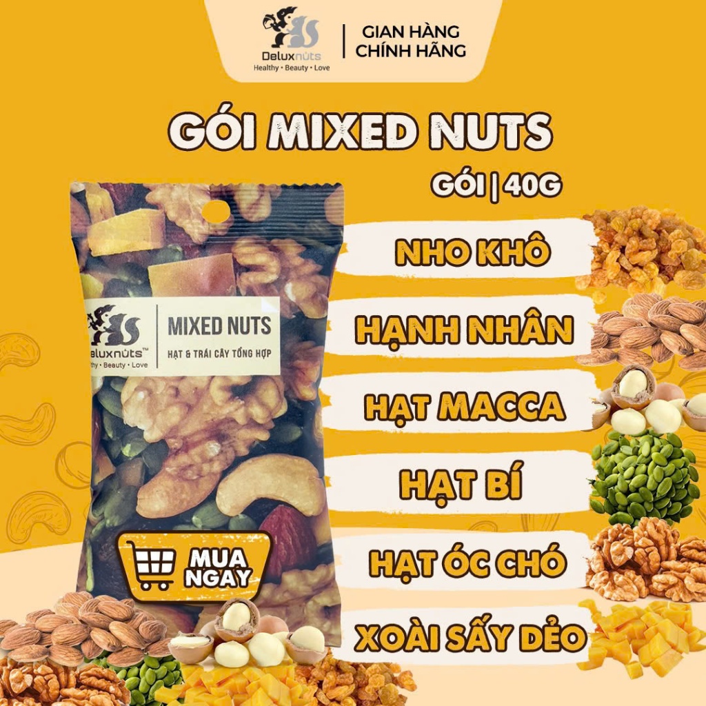 [Hỏa tốc] Gói Mixednuts 40g Deluxnuts | Bao Gồm Hạt Óc Chó, Hạnh Nhân, Hạt Bí Xanh, Hạt Nho Úc