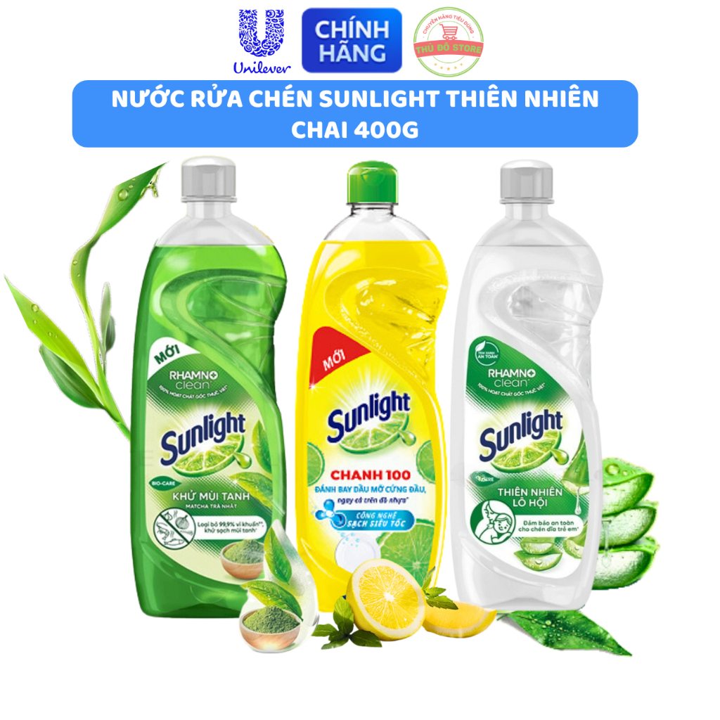  Nước Rửa Chén Bát Sunlight Thiên Nhiên Muối Lô Hội | Matcha Trà Nhật | Chanh Vàng - Chai 400G 