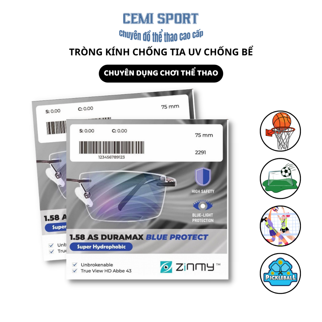 Tròng Kính Chống Bể Chống Ánh Sáng Xanh Zinmy 1.58 Duramax Blue Protect Singapore chính hãng