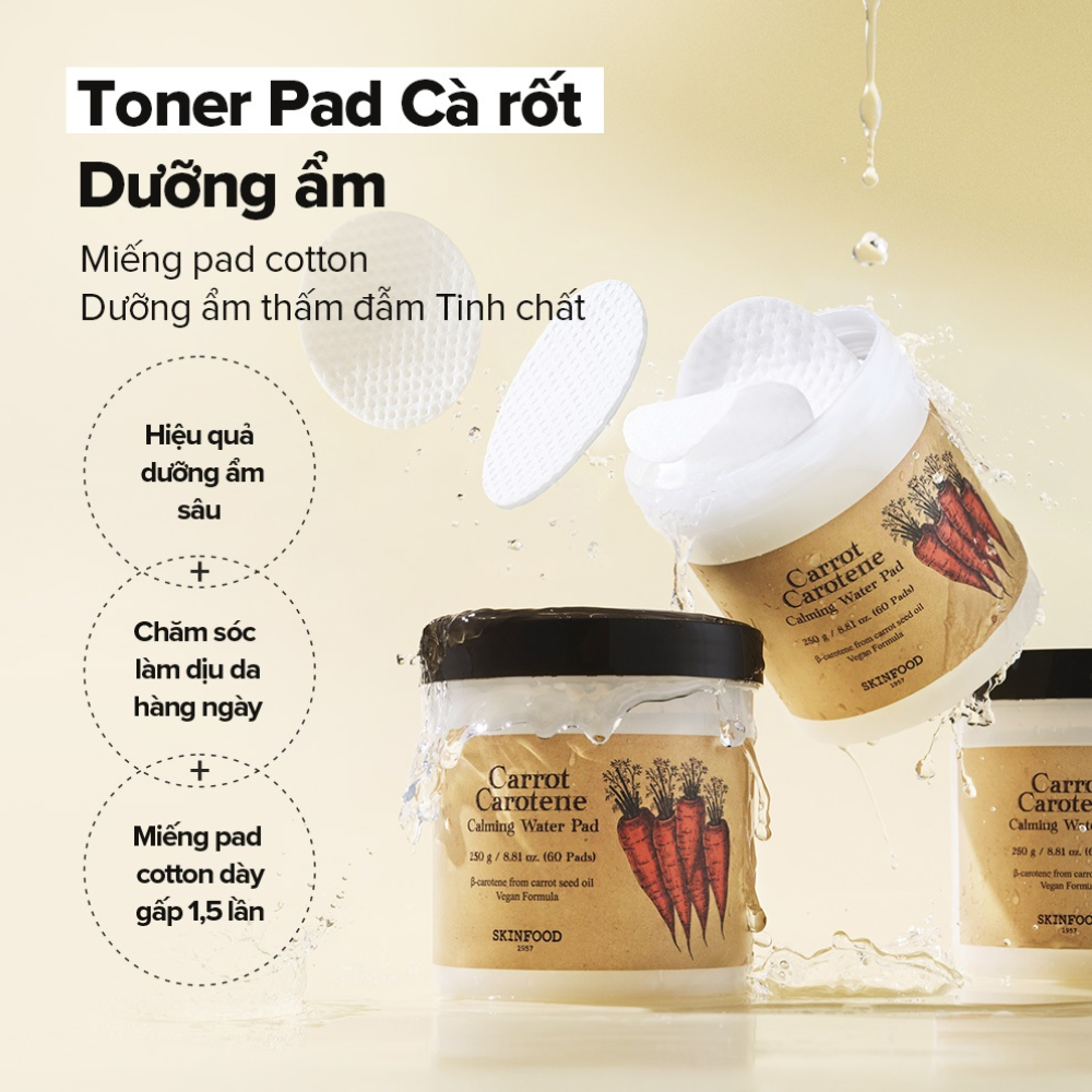 Toner Pad Skinfood Hộp 60 miếng bông cà rốt / làm dịu mẩn đỏ và mát da / Carrot Carotene Calming Water Pad / Toner Pad