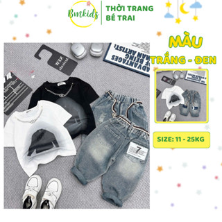 [M81] Set áo cộc cotton và quần bò rách phong cách, sét đồ bé trai chất đi chơi, đi học