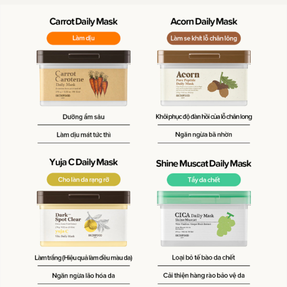 Hộp 30 miếng mặt nạ Skinfood Carrot Carotene Daily Mask, Potato Madecassoside, Dark Spot Clear Yuja Vita