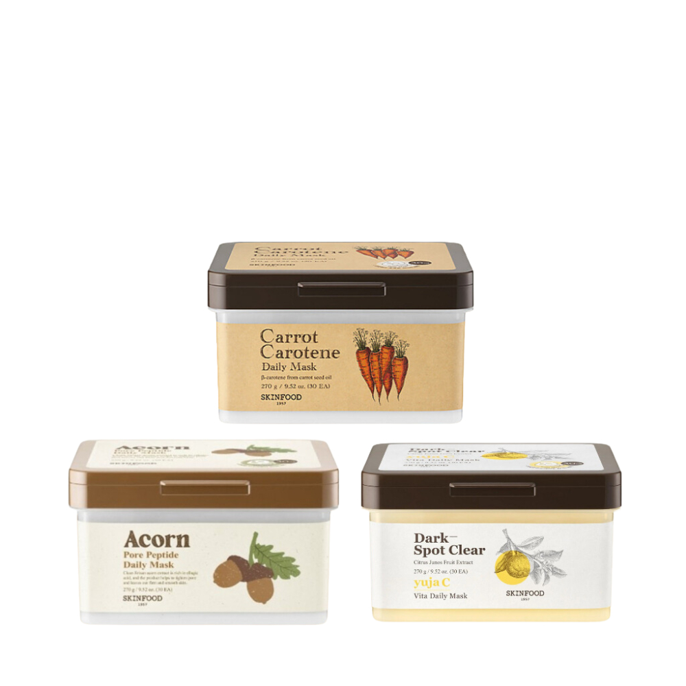 Hộp 30 miếng mặt nạ Skinfood Carrot Carotene Daily Mask, Potato Madecassoside, Dark Spot Clear Yuja Vita